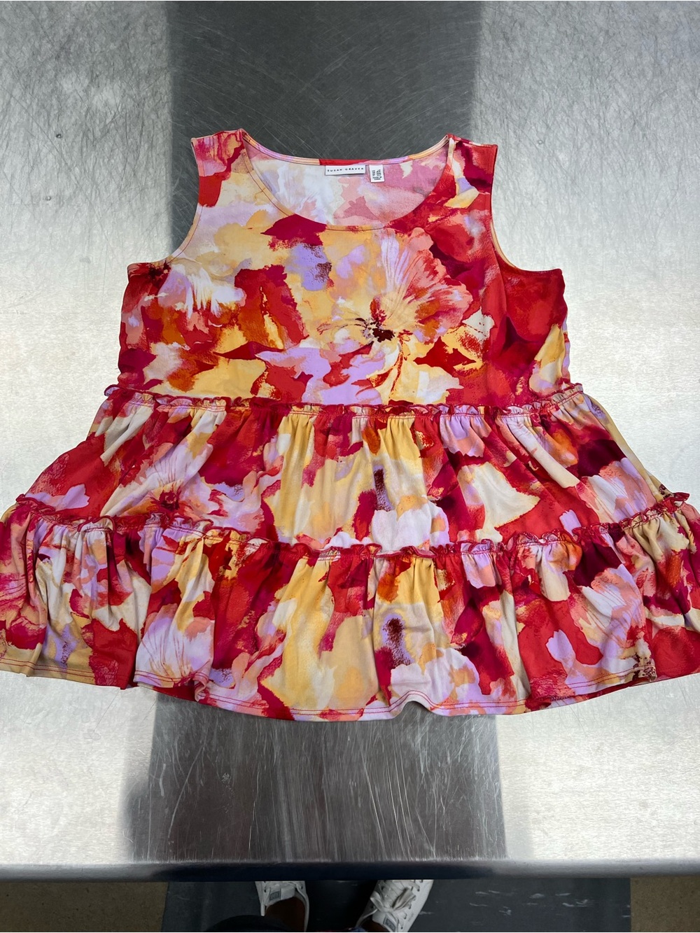 Susan Graver Floral Tiered Tank Top in Red, Pink & Yellow Women’s L